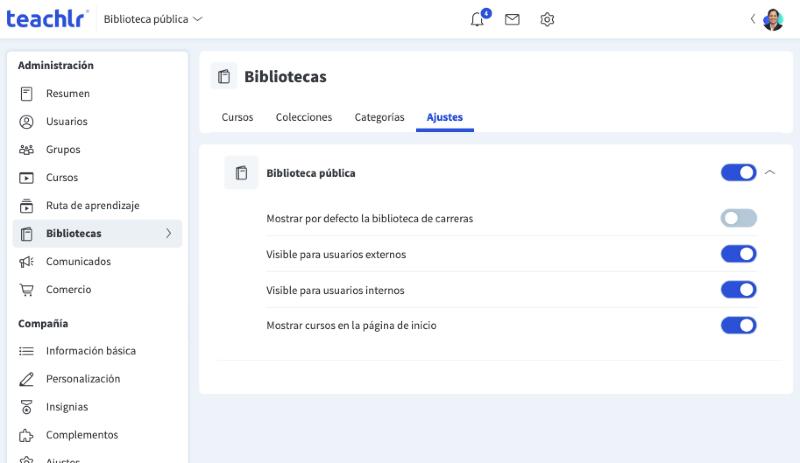 Ajustes de la biblioteca pública, con el interruptor principal y sus cuatro opciones