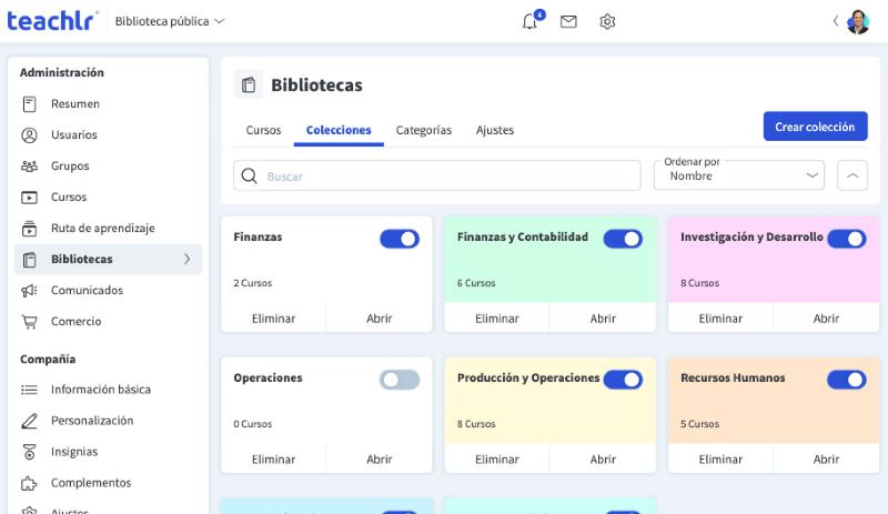 Pestaña Colecciones de Bibliotecas, con las tarjetas de cada colección y el botón Crear colección