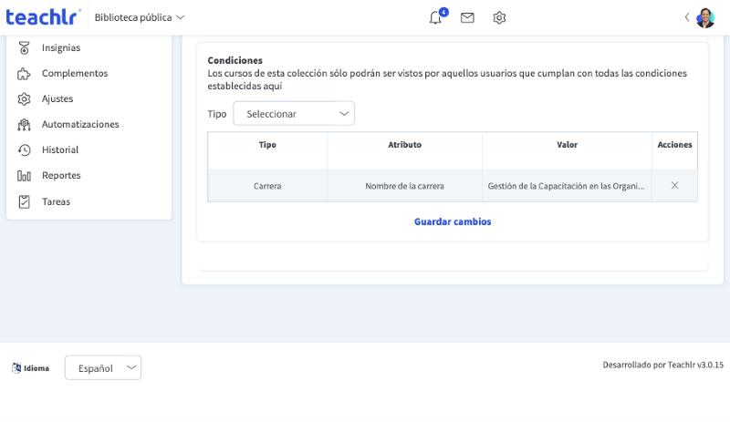 Sección Condiciones de una colección, con la lista Tipo y la tabla de condiciones