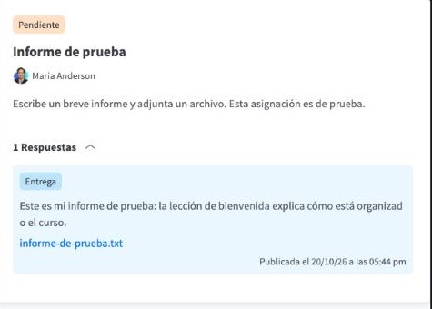 Entrega enviada, con el texto, el archivo adjunto y la fecha de publicación
