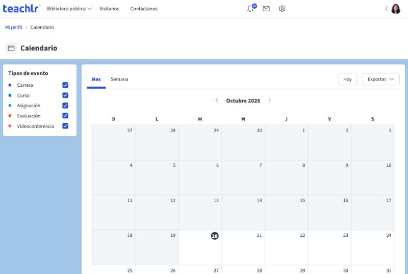 Página Calendario con los tipos de evento a la izquierda y la vista de mes