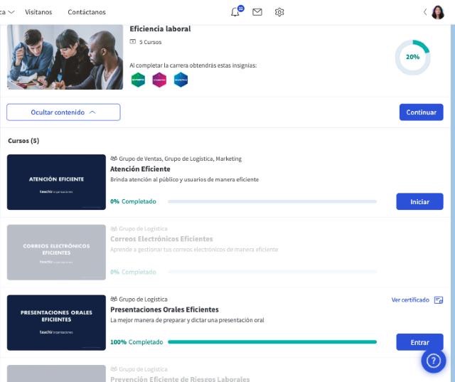 Carrera desplegada con sus cursos: uno completado, uno disponible y otros atenuados