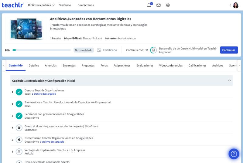 Panel de un curso con el progreso, la siguiente lección y la pestaña Contenido abierta