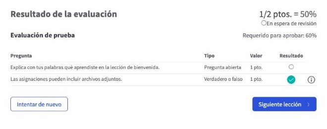 Resultado de una evaluación en espera de revisión, con la pregunta abierta sin calificar