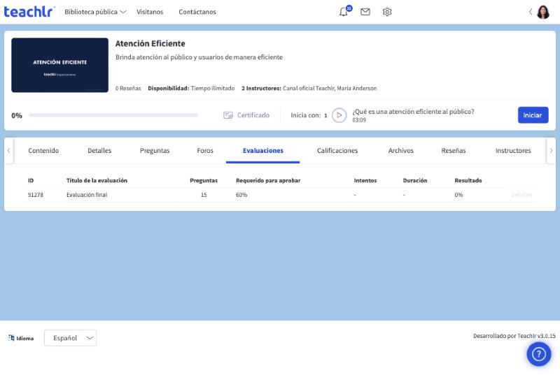 Pestaña Evaluaciones de un curso, con una evaluación aún sin presentar