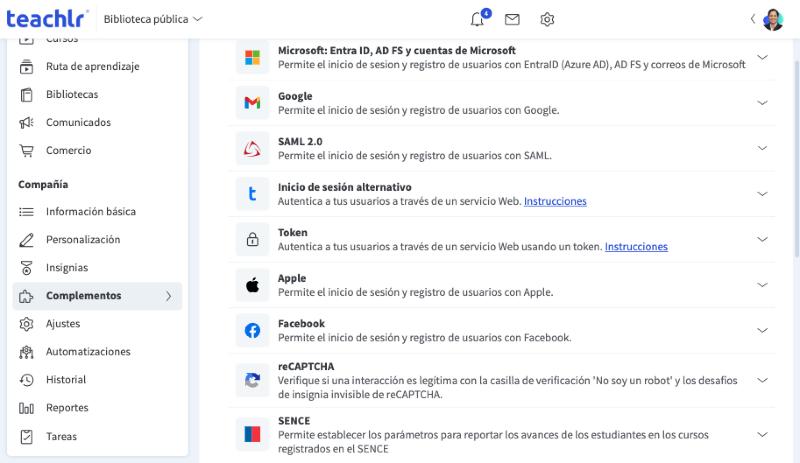 Lista de métodos del complemento Inicio de sesión: Microsoft, Google, SAML 2.0, alternativo, Token, Apple, Facebook, reCAPTCHA y SENCE