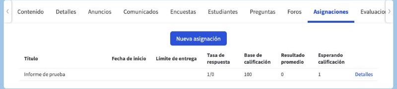 Pestaña Asignaciones con una entrega esperando calificación