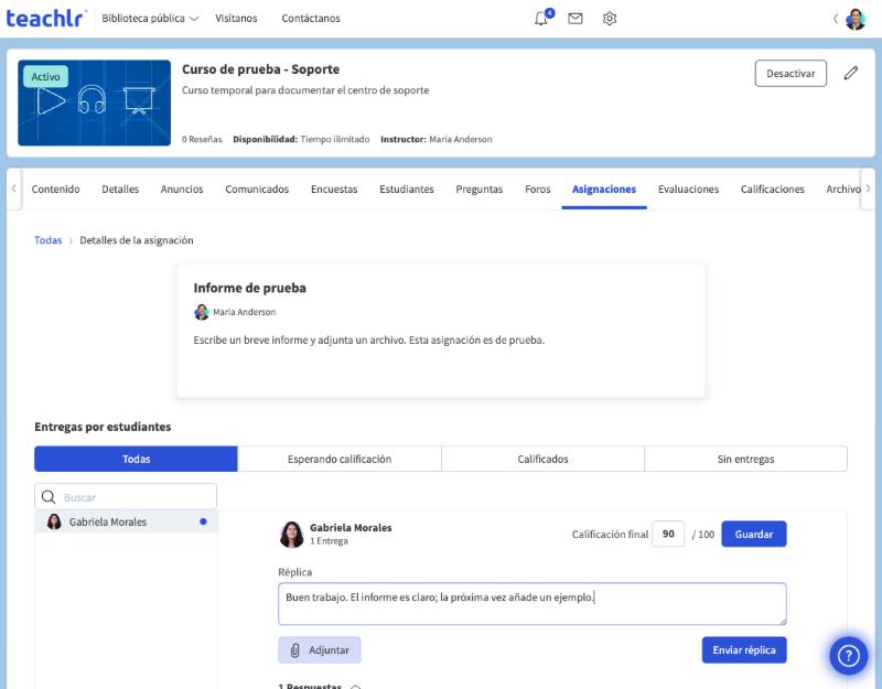 Entrega de una estudiante con la calificación final y el cuadro de réplica
