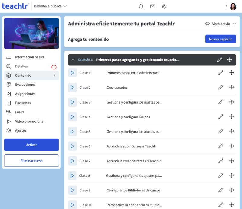 Capítulo desplegado en el editor con sus clases, el lápiz y el icono para reordenar