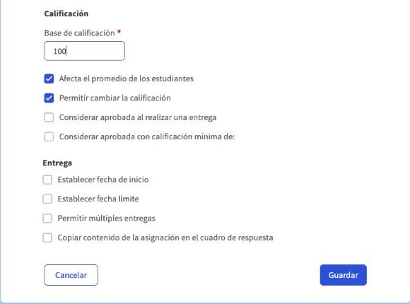 Opciones de calificación y entrega de una asignación nueva