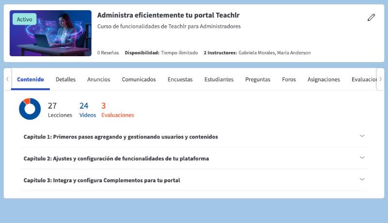 Panel del instructor con el resumen de lecciones, videos y evaluaciones