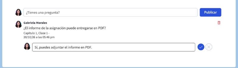 Pregunta de una estudiante con la respuesta del instructor escrita