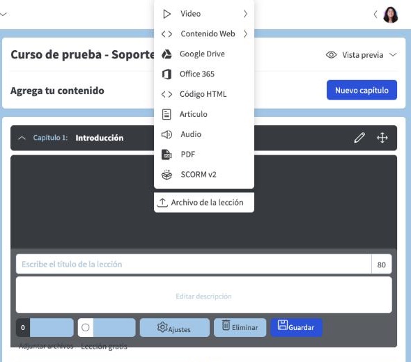 Menú Archivo de la lección con los tipos de contenido disponibles