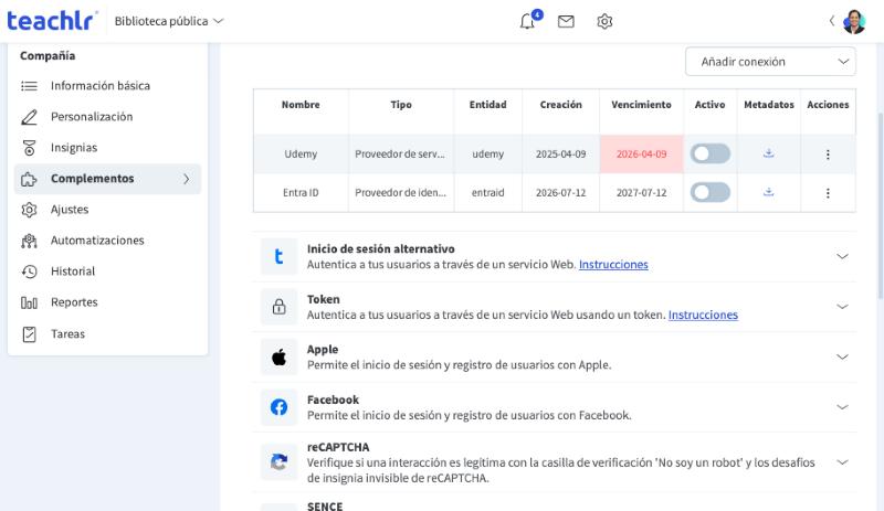Tabla de conexiones SAML 2.0, con la lista Añadir conexión, las columnas Activo y Metadatos y una fecha de vencimiento en rojo