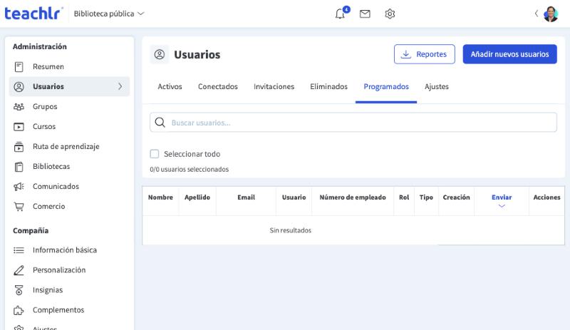 Pestaña Programados de Usuarios, con la tabla de invitaciones programadas vacía